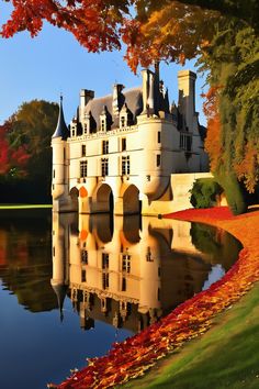 Breathtaking autumn vista of Château de Chenonceau. A perfectly placed red rose enhances the scene. The river mirrors the château's reflection, while dramatic shadows play across the manicured lawns. The scene evokes tranquility and timeless elegance. Hudson River School, Shadow Play, Hudson River, Lens Flare, Fall Colors, Red Roses, Timeless Elegance, Tapestry