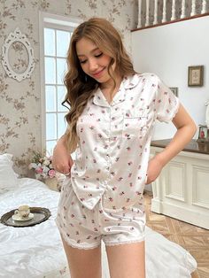 Floral Print Contrast Lace Satin PJ Set / Pajama Set White Set White   Short Sleeve Satin Floral Short Sets Non-Stretch All Women Sleep & Lounge, size features are:Bust: ,Length: ,Sleeve Length: White Floral Print Sets For Home, White Floral Print Home Sets, Floral Print Short Sleeve Sets For Sleepover, Short Sleeve Floral Print Sets For Sleepovers, Feminine White Sets For Sleepover, White Short Sleeve Sets For Home, White Short Sleeve Home Sets, Feminine Short Sleeve Sleep Sets, Sleepwear Women Pajamas