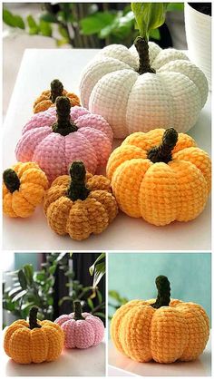 crocheted pumpkins are shown in four different colors