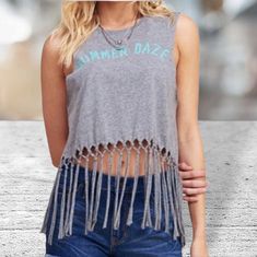 Nwt: Junior's Super Cute Crop Tank Top By Hollister. Details: Gray With Teal Lettering "Summer Daze" Graphic Sleeveless Scoop Neckline Bohemian Fringe Styling Never Worn And In New Condition With Tags. Fringe Styling, Fringe Fashion, Crop Tank Top, Cropped Tank Top, Crop Tank, Scoop Neckline, Hollister, Super Cute, Tank Top