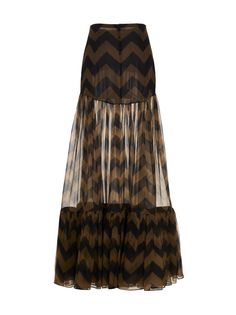 Chevron print long silk skirt with back button closure and flounced hem. Composition: 100% silk Ruffled Long Skirt, Long Silk Skirt, Saint Laurent Women, Sheer Maxi Skirt, Androgynous Fashion, Pleats Please Issey Miyake, Chevron Print, Silk Skirt, French Design