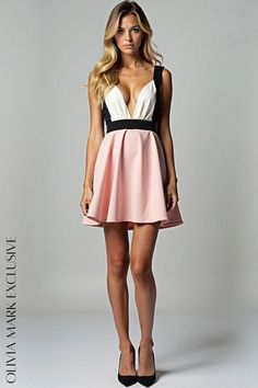 Olivia Mark - Elegant Colorblock Deep V-neck Flare Dress Coquette Clothing, Blush Tones, Flared Skirt, Plunging Neckline, Olivia Mark, Flare Skirt, Deep V Neck, Deep V, Flare Dress