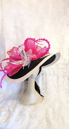 Vibrant Black and fuschia Kentucky Derby Hat. Black and pink. Wedding Fascinator, Kentucky Derby, Cocktail Party Tea Party Guest Easter - 23 inches head and 60 inches brim - Ready to Ship - Black and White - Black and Fuchsia - Fast Priority Shipping Check my store for for styles and colors. Hatsandpearls.etsy.com Find more at my website: Www.hatsandpearls.com Reach out to me if you can't find what you are looking for. I can make cake custom orders and help you style and match your outfit . Send Pink Sun Hat For Royal Ascot And Beach, Pink Wide Brim Sun Hat For Party, Pink Curved Brim Costume Hat For Beach, Pink Hat For Beach And Royal Ascot, Pink Wide Brim Fascinator For The Beach, Pink Wide Brim Fascinator For Beach, Pink Sun Hat For Kentucky Derby Wedding, Pink Sun Hat For Wedding, Kentucky Derby, Pink Sun Hat With Curved Brim For Royal Ascot