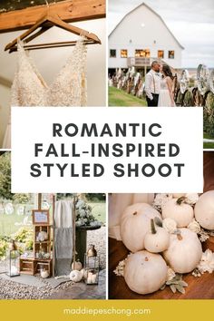 wedding photos with the words romantic fall - inspired styled shoot in white and yellow colors