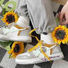 Yellow and Grey Flower Sneakers Step into style with these elegant Yellow and Grey Flower Sneakers. The perfect blend of fashion and comfort, these sneakers are sure to make a statement. Stand out from the crowd with the unique floral design and feel confident with every step. Elevate your wardrobe and make a lasting impression in these stunning sneakers. Aesthetic Flower Design, Mode Baskets, Flower Sneakers, Aesthetic Sneakers, Baskets Mode, Kawaii Swimsuit, Aesthetic Flower, Soft Aesthetic, Grey Flowers