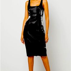 Showstopping Dress In A Bodycon Silhouette. Topped With A Square Neck And Fixed Straps. Crafted From A Liquid Faux Leather For A Shiny Finish. Hits Below The Knee, Midcalf Face: 100% Polyurethane; Back: 94% Polyester, 6% Spandex Size 6 Hand Wash Imported Measurements Taken From Size S: 35.5" Chest, 27.75" Waist, 37.25" Hip, 30.13" Skirt Length From Waist To Hem Lined Sheath Bodycon Dress For Evening, Lined Bodycon Dress For Evening, Sleek Knee-length Bodycon Dress For Going Out, Sleek Fitted Dress For Going Out, Sleek Sheath Midi Dress For Party, Sleek Fitted Dress For Date Night, Lined Midi-length Bodycon Evening Dress, Lined Midi-length Evening Bodycon Dress, Evening Midi Length Lined Bodycon Dress