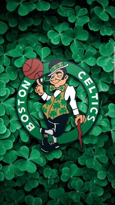 the boston basketball team logo is surrounded by shamrock leaves and clovers, as well as an image of a man holding a basketball