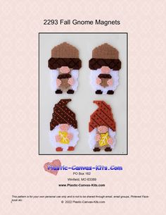 three little gnomes with hats and tails are shown in this cross - stitch pattern