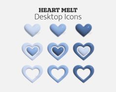 heart - shaped desktop icons are shown in blue, white and gray colors with the words'heart melt desktop icons'above them