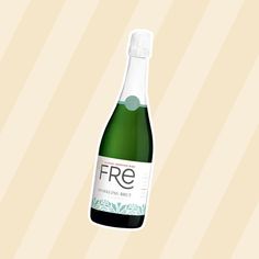 a bottle of free sparkling wine on a beige background with vertical stripes in the background