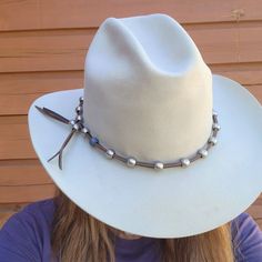 Handcrafted leather & steel bead hat band! Our lathe turned stainless steel beads on leather and adjustable for your cowboy hat. #hatband Cool and elegant hat band. Unique cowboy hat band for men and women. #cowboyhatband Hat band made in Idaho! Hat Bands Diy Ideas Western, Beaded Hat Band Patterns, Hat Bands Diy Ideas, Burn Hats, Burned Hats, Cowboy Hat Band, Cowboy Hats Women, Cowboy Hat Bands, Leather Cowboy Hats