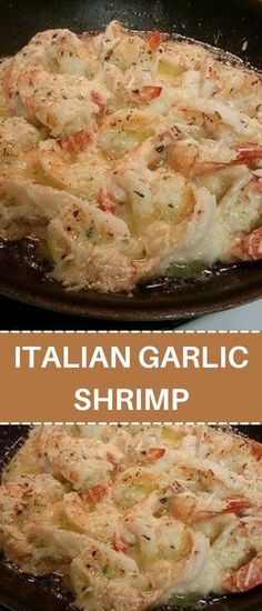 two pictures of an italian garlic shrimp skillet