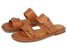 Sofft Noella - Women's Sandals : Luggage : Step out with ultimate ease while gliding your feet in the Sofft Noella Flat Sandals. The slip-on footwear features leather upper construction with buckle ornamented hook-and-loop adjustable dual straps and open square toe silhouette. Leather lining and sock with contour for added comfort. Cushioned EVA insole and low-top profile. Stacked low heel. Flexible rubber outsole. Imported. Measurements: Heel Height: 1 2 in Weight: 11.2 oz Product measurements were taken using size 7, width M (B). Please note that measurements may vary by size. Brown Sandals With Removable Insole For Travel, Women's Sandals, Product Reviews, Low Heels, Flat Sandals, Low Top, Womens Sandals, Shoes Sandals, Heel Height