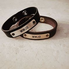 WWJD bracelet -black leather with engraved silver plate or brown leather with brass plate Everyday Leather Jewelry With Engraving Option, Classic Adjustable Name Bracelet For Friendship, Casual Jewelry With Leather Strap Gift, Casual Jewelry With Leather Strap As Gift, Casual Everyday Jewelry With Leather Strap, Casual Leather Strap Bracelets As Gift, Modern Adjustable Name Bracelet For Everyday, Everyday Brown Hand Stamped Bracelet, Brown Hand Stamped Bracelets For Everyday