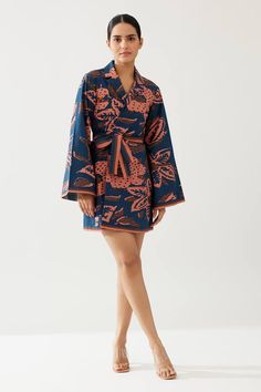 Blue kimono sleeves lapel collar wrap style jacket with all over flowery print. - Aza Fashions Blue Kimono, Types Of Work, Collar Neck, Kimono Sleeves, Jacket For Women, Neck Wrap, Kimono Jacket, Kimono Sleeve, Jacket Pattern