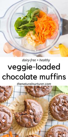 chocolate muffins on a cooling rack with carrots and spinach in the background