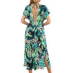 Green Printed Bat Sleeve V Neck Long Dress Green Tropical Print Summer Midi Dress, Green Tropical Print Midi Dress For Vacation, Green Tropical Print Midi Dress For Beach, Casual Green Maxi Dress With Tropical Print, V-neck Leaf Print Dress For Beach, V-neck Leaf Print Beach Dress, V-neck Leaf Print Dress For The Beach, Summer V-neck Dress With Leaf Print, Green Tropical Midi Dress For Beach