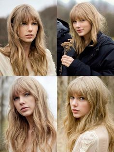 four different pictures of a woman with long blonde hair and bangs, one is looking at the