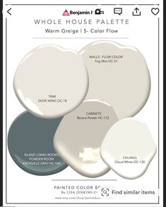 three shades of white paint with the words, whole house palette warm greige 1 - color flow