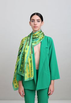 Lightweight silk scarf in beautiful green tones, printed with sweet romantic hearts. This unique rectangular scarf is truly versatile, and can be styled in many ways. Soft and light to the touch this scarf will make a stunning addition to your everyday outfits as well as for special occasions. Packed in a beautiful gift box, it is perfect to be given as a gift for yourself or your loved ones. Made in Italy according to an original design by Dikla Levsky. Size: 45x180 cm , approximately 17.7x70.8 Romantic Italian, Green Silk Scarf, Long Silk Scarf, Luxury Scarves, Square Silk Scarf, Printed Silk Scarf, Designer Scarves, Summer Scarves, Green Tones