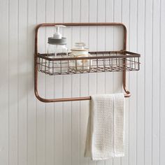 Copper Finish Bathroom Basket Shelf and Towel Bar - D&J Farmhouse Collections Copper Basket, Finish Bathroom, Basket Shelf, Bathroom Basket, Bathroom Baskets, Finished Bathrooms, Small Shelf, Wall Basket, Remodel Bathroom