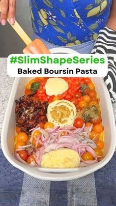 a woman is holding a plate with food in it and the words slimshapes series baked bourssin pasta