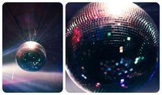 a disco ball hanging from the ceiling in front of a light source and an image of its reflection