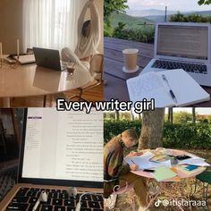 there are four different pictures with the same person working on their laptops and writing