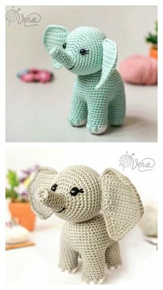 crocheted elephants are shown in three different colors and sizes, one is light green the other is pale blue