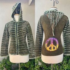 Green Peace Sign, Green Peace, Hippie Jacket, Imperial Beach, Green Jacket, Peace Sign, Green Cotton, Boho Hippie, Nepal