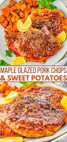 two plates filled with baked pork chops and sweet potatoes, topped with lemon wedges