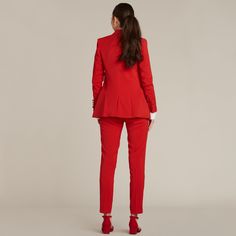 Bold & Beautiful! ... Red isn't just for your lips! Womens Tuxedo Jacket, Peak Lapel Tuxedo, Tuxedo Women, Slim Fit Tuxedo, Tuxedo Pants, Black Tux, Lapel Jacket, Peak Lapel, Tuxedo Jacket