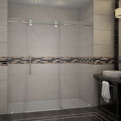 a bathroom with a walk in shower next to a sink