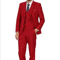 Never Worn, New In Bag From Amazon. Red Business Suits For Spring, Red Notch Lapel Suits With Pockets, Classic Red Suits For Spring, Tailored Red Suit For Winter, Red Fitted Blazer With Pockets, Fitted Red Blazer With Pockets, White Wedding Suit, Red And White Weddings, Red Suit