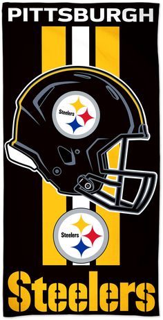 the pittsburgh football team is depicted on a black and yellow striped background with an image of a helmet