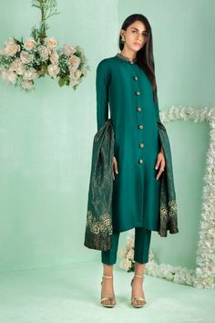 Verdant | Pakistani Designer Outfit | Sarosh Salman Elegant Jamawar Lawn Suit For Festivals, Elegant Sherwani With Sheer Dupatta For Eid, Elegant Jamawar Salwar Kameez For Festivals, Festive Raw Silk Lawn Suit With Traditional Drape, Festive Designer Raw Silk Lawn Suit, Designer Raw Silk Lawn Suit For Eid, Elegant Lawn Suit With Dabka Detail For Transitional Season, Festive Raw Silk Lawn Suit With Zari Work, Festive Raw Silk Lawn Suit With Dabka