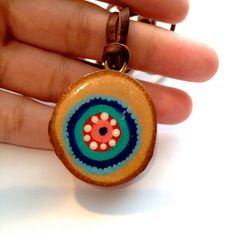 Colorful Pendant Necklace with Hand Painted Wood by DotsAttack Bohemian Hand Painted Brown Necklace, Handpainted Necklace Pendants, Hand Painted Black Pendant Jewelry, Hand Painted Amulet Necklace With Round Pendant, Vintage Hand-painted Pendant Necklace, Cute Stud Earrings, Jewelry Display Stands, Art Necklaces, Boho Style Jewelry