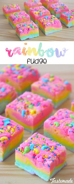 rainbow fudge cake squares with sprinkles on the top and bottom are shown