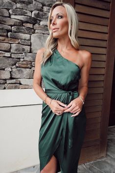 One Shoulder Green Cocktail Midi Dress, Green Midi Dress For Cocktail & Prom Season, Spring Green Midi-length Evening Dress, Casual Green One-shoulder Midi Dress, Dark Green Satin Dress, Green One-shoulder Satin Midi Dress, Green Satin Dress, Spring Wedding Guest, Black Dresses Classy