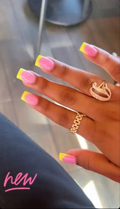 Bright Color French Tip Nails Square, Short Square Acrylic Nails Summer Yellow, Short Neon Nails Acrylic Square, Short Nails French Tip Color, Colorful French Tip Nails Square Long, Neon Yellow Square Nails, French Tip Color Nails, Summer Nails Black Women