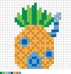 a cross stitch pattern with a pineapple on it's side, in blue and yellow colors