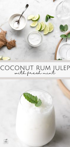 coconut rum mules with lime and mint garnishes on the rim, in small glasses