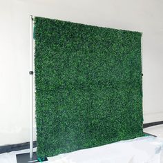 a tall green wall covered in grass next to a white wall