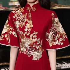 Lasaky - Tang-Sational: Luxurious Long Cheongsam with Red Accents Flower Shorts, Golden Flower, Cheongsam Dress, Printed Wrap Dresses, Chinese Clothing, Long Sleeve Short Dress, Chinese Dress, Red Accents, Kimono Fashion