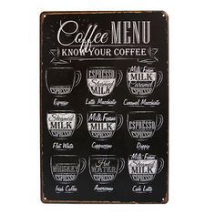 a chalkboard menu with coffee cups and the words, coffee menu know your coffee