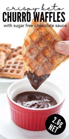 A hand dipping a keto churro waffle into a red ramekin filled with sugar-free chocolate sauce. Low Carb Breakfast Waffles, Cinnamon Churro Chaffles, Keto Sweet Waffles, Keto Churro Chaffle Recipe, Waffle Keto Recipe, Sweet Keto Chaffle Recipe, Crispy Keto Waffles, Keto Waffles Recipe, Keto Waffles With Cream Cheese