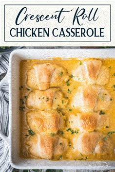 chicken casserole in a white dish with cheese and parsley on the side