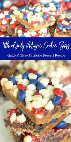 patriotic cookie bars stacked on top of each other with the words 4th of july magic cookie bars