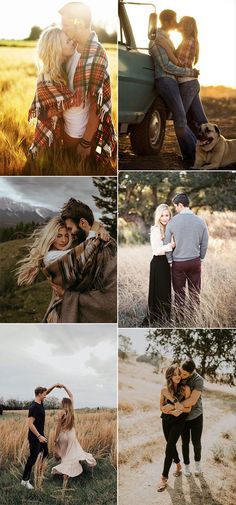 four different pictures of people in the grass and one is holding a woman's head