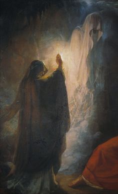 a painting of two people standing next to each other in front of a dark cave